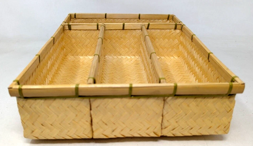 De Colección Tejido Bambú 4 Compartimentos Utensilios Cajón Organizador Caja de Almacenamiento Bandeja Cesta Foto 3 de 4