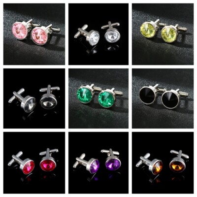 Men Shiny Round Crystal Cufflink Luxury Rhinestone Shirt Cuff Link With Box