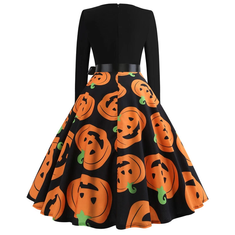 Damen Gedruckt Kürbis Halloween Kostüm Kleid Cosplay Hexe Skater Kleider Party - Bild 4 von 4