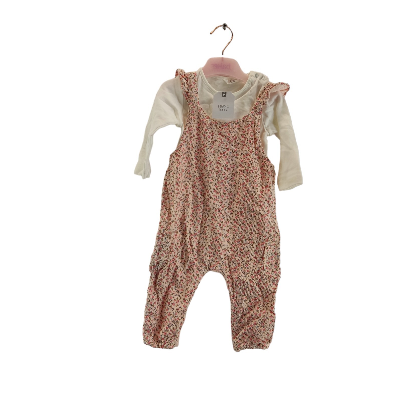 next baby girl 2 piece outfit pink & cream dungarees & long sleeve top