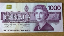 1988 Canadian 1000$ One Thousand Dollar Banknote Bank Of Canada, Uncirculated.