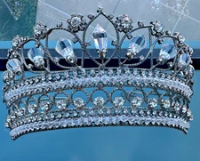 Tiara Crown Beaded Silver Metal Rhinestone Halloween Cosplay Renaissance Wedding