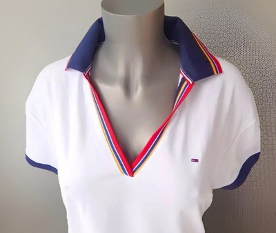 Damen Shirt v. Hilfiger weiß Größe L  V-Ausschnitt mit dunkel blauem Kragen