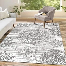 HEBE Washable Area Rug 5'x7' Non Slip Soft Distressed Medallion 5' x 7' Grey