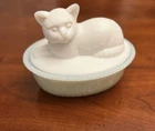 Vintage Westmoreland White Milk Glass Cat on Nest Covered Candy Dish.