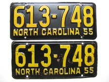 1955 NORTH CAROLINA NC LICENSE PLATE PAIR (2), 613-748, ORIGINAL, VINTAGE, USED