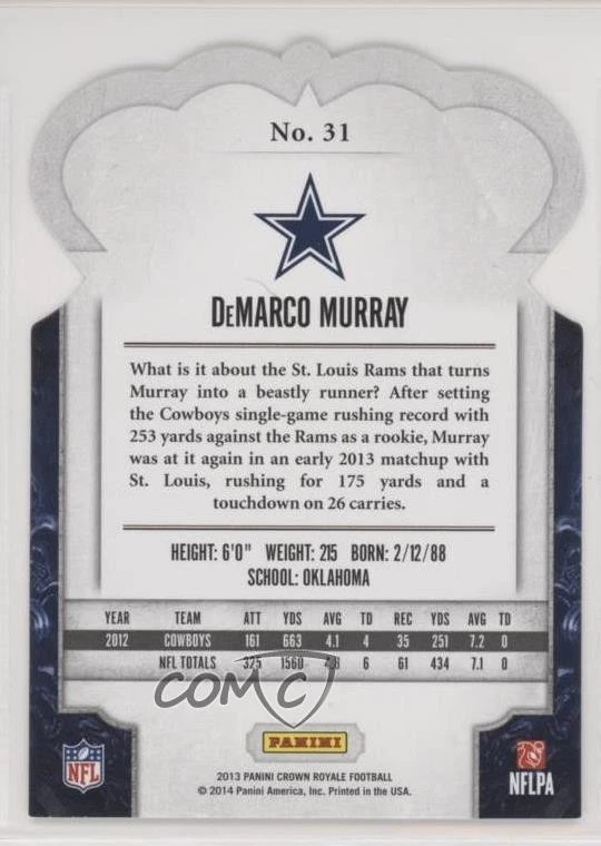 2013 Panini Crown Royale Gold Die-Cut Crown /99 DeMarco Murray #31 - Image 2 of 2