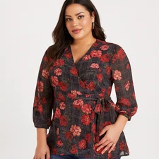 Torrid Womens Georgette Wrap Tunic Blouse Red Black Floral Size 00 | M | 10