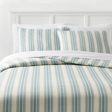 King Printed Easy Care Duvet Cover and Sham Set Ivory/White/Sage Green Striped