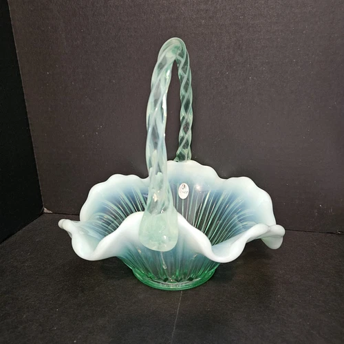 Fenton Green Opalescent Ruffle Glass Basket Ribbed Twisted Handle W Sticker