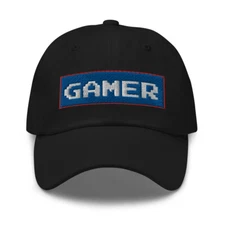 8 Bit Gamer Embroidered Baseball Cap Blue White 80's Retro Style Gaming Dad hat