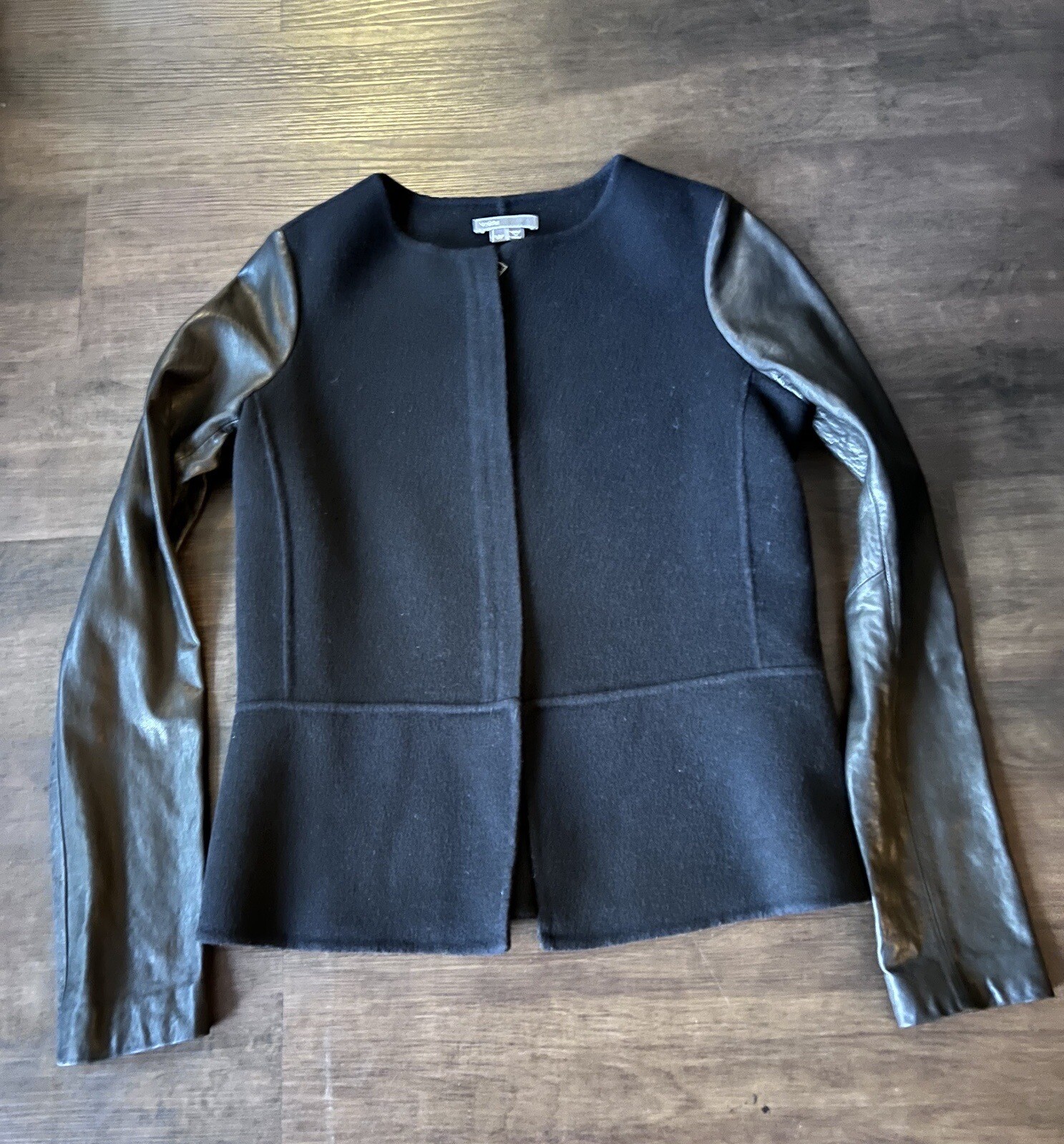 Vince Collarless Jacket Women's Black Wool & Leather Blazer Size Small