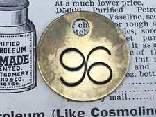 Number 96 Tag Brass Metal Numbered Keychain Stamped Token Aged Fob Check