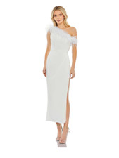 Mac Duggal FEATHER TRIM ONE SHOULDER DRAPED DRESS WHITE SIZE 14 (68147)