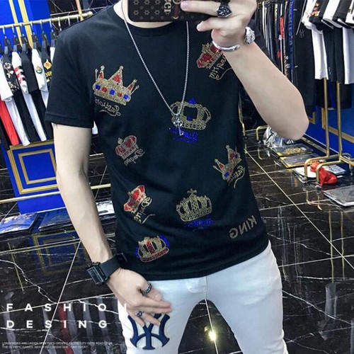 New Men Luxury Rhinestones Fashion Diamond Black White T-Shirt High Quality - Picture 3 of 26