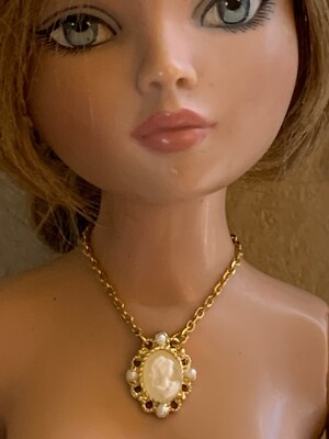 Golden Framed Cameo Necklace with Pearls for Gene and Similar Sized Dolls