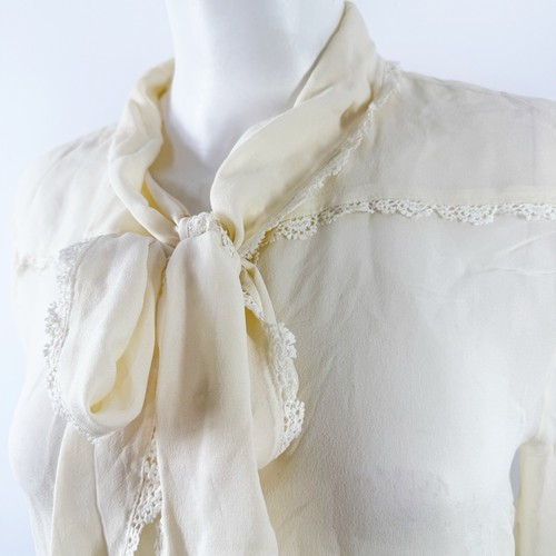 PINKO Ivory Long Sleeve Sheer Silk Blouse Size 8 Crochet Lace Hem Coquette Boho - Picture 8 of 13