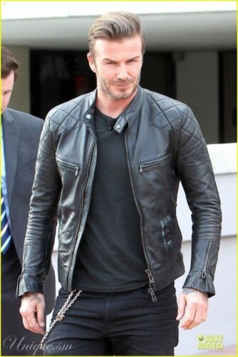 Mens David Beckham Black Real Leather Jacket Vintage Slim 100% Genuine Leather  - Picture 1 of 7