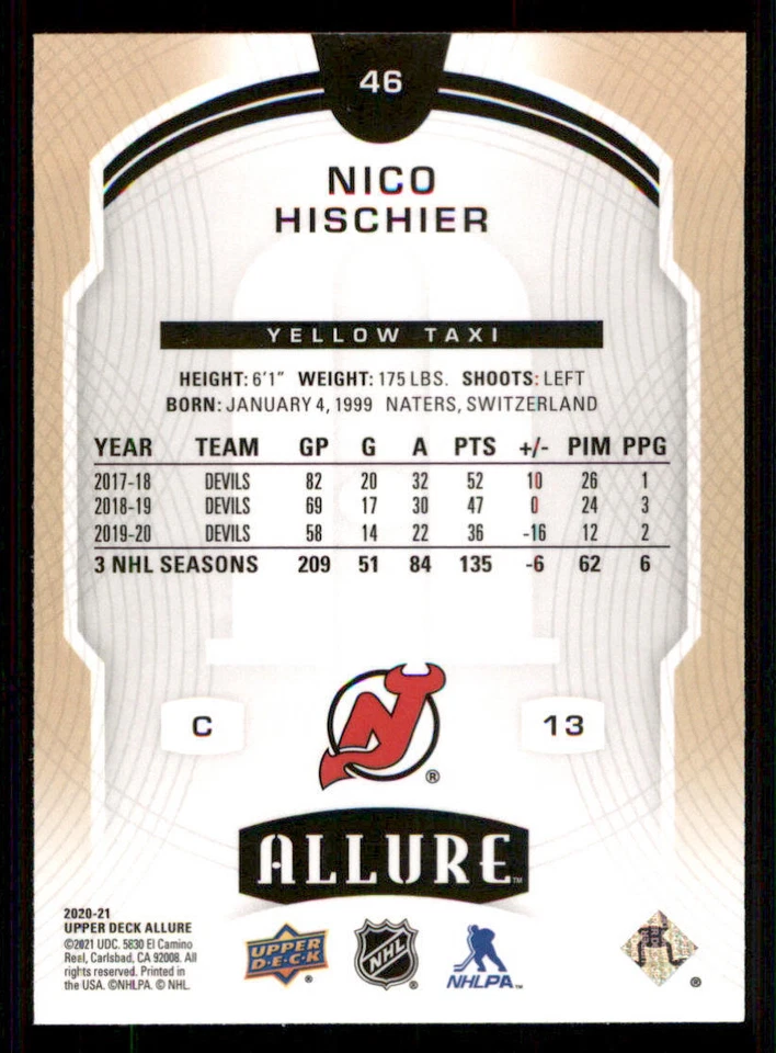 2020-21 Upper Deck Allure Yellow Taxi #46 Nico Hischier - Image 2 of 2