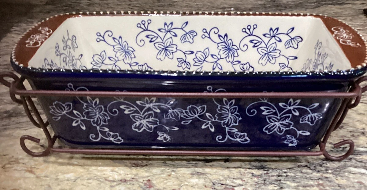 TEMP-TATIONS BY TARA FLORAL LACE BLUE BAKER DRIP TRAY RACK BROWN TRIM 11 3/8”L