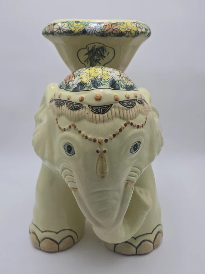 "Taburete de jardín elefante de cerámica vintage 17"" banco de patio soporte para plantas floral asiático" Foto 2 de 4