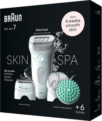 Braun Epilierer Silk-epil 7 SkinSpa, mit 6 Aufsätzen und Tasche, weiß/silber