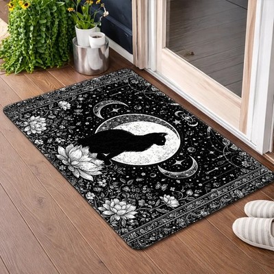 Mystical Black Cat Moonlight Floral Rug Suitable for Living Room, Bedroom, Kit