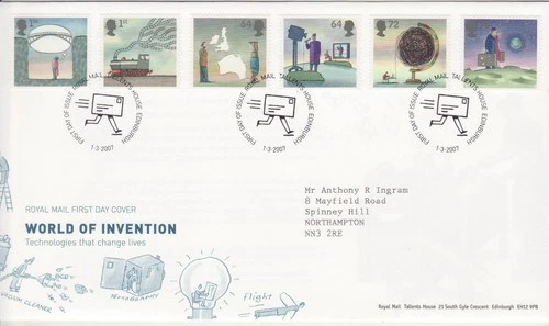 GB Stamps First Day Cover World of Invention, train, bridge, moon, TV SHS 2007