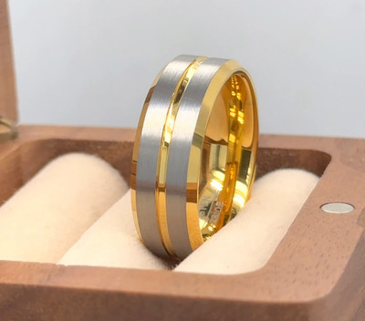Tungsten Band, Personalized Ring, Single Groove Band Yellow Gold Tungsten Ring,