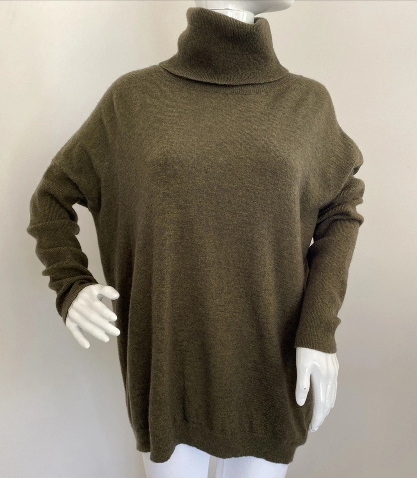 Jump S-M Khaki Olive Green 80% Wool Nylon Turtleneck Pullover Jumper Relaxed