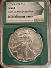 2004 $1 AMERICAN SILVER EAGLE NGC MS69 FROM US MINT SEALED BOX LABEL GREEN CORE*