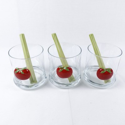 Raised Tomato Bloody Mary Glasses W/ Ceramic Celery Stirrers Set Of 3 Vintage