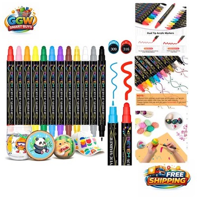 Versatile 12 Colors Dual Tip Acrylic Paint Pens for Fabric, Wood, Glass DIY