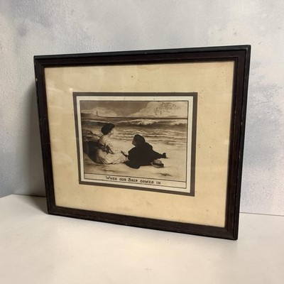 Antique Framed Art Lithograph 1909 When Our Shop Comes In Love Scene Dreamers