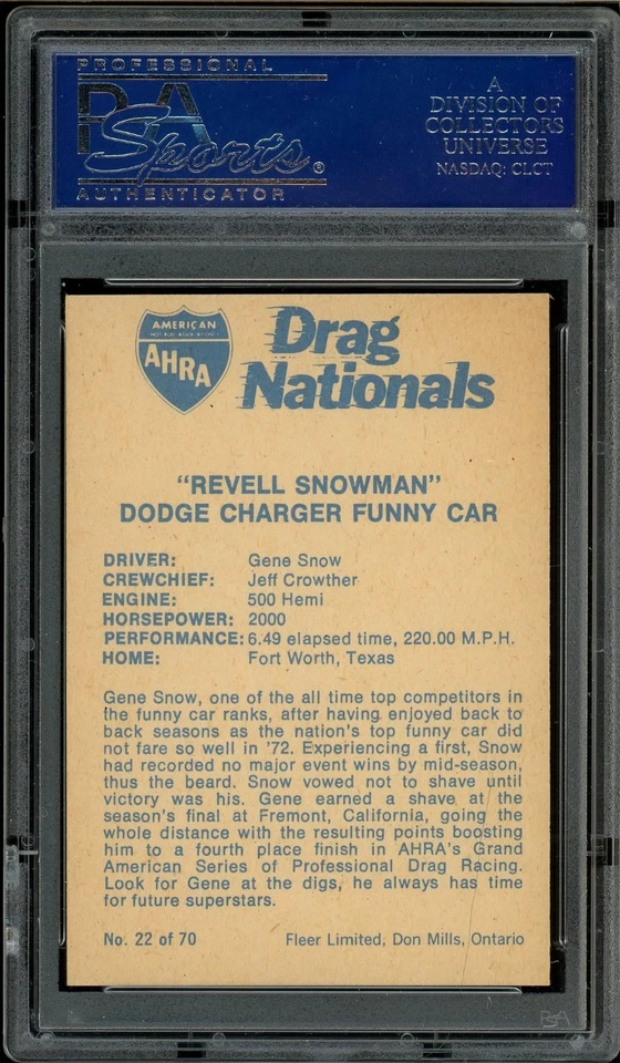 1972 Fleer AHRA Drag Nationals Canadian #22 Gene Snow "Revell Snowman" PSA 8 - Image 2 of 2