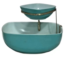 Extremely Rare Vintage Pyrex Teal Turquoise Chip & Dip Set 025/410 MCM Glossy