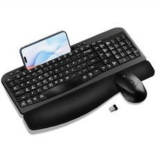 Wireless Keyboard Mouse Combo Wave Keys Ergonomic Cushioned Rest Black PC