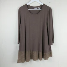 LOGO by Lori Goldstein Tunic Top Women Size L Brown Asymmetric Hem Lace Trim