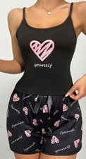 Heart Print Pajama Set Women's XL Crew Neck Backless Cami Top Shorts NEW