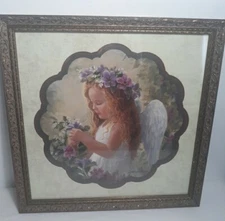 Vtg Home Interiors Angel Girl w/Flowers Scalloped Mat Framed Under Glass LS Hein