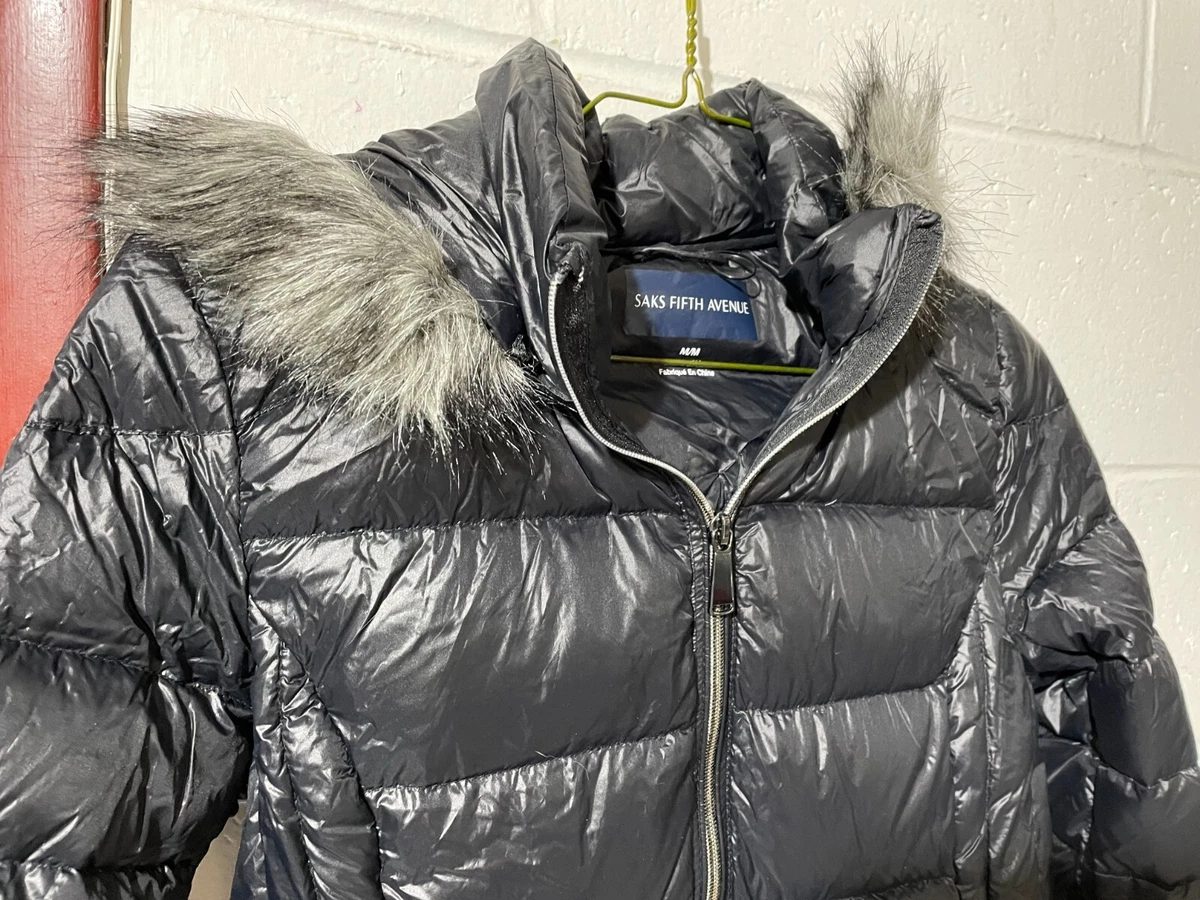 Saks Fifth Avenue Womens Black Puffer Coat Medium Jacket EUC Faux Fur Trim Hood