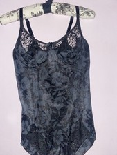 Vintage Bodysuit 38A Black Floral With Lace Spandex