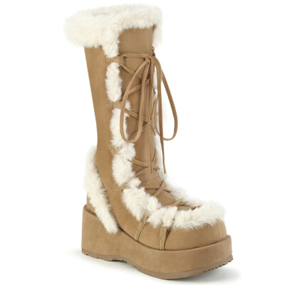 DEMONIA CUBBY-311 Women's Camel Platform Lace Up Fur Trim Mid Calf Boots