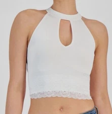 Guess Women's White Lila Cutout Seamless Ribbed Lace-Trim Tank-Top Size XL