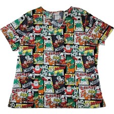 Rudolph the Red Nosed Reindeer Nurse Scrub Top Womens XL Santa Figures Pockets