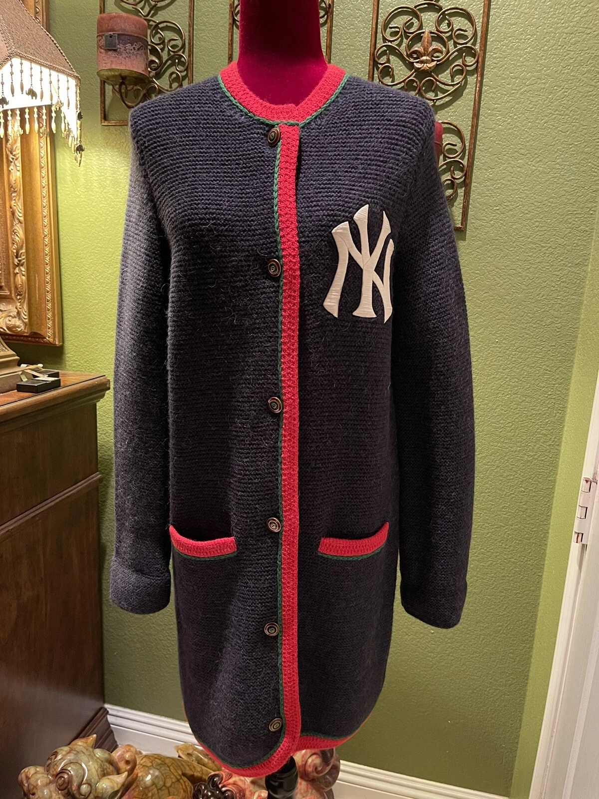 Cardigan 100 % authentique GUCCI NY YANKEES laine et alpaga + taille de taxe : M
