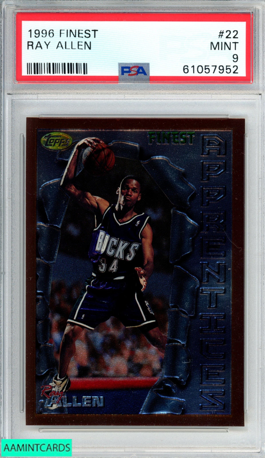 1996 FINEST RAY ALLEN #22 ROOKIE RC MILWAUKEE BUCKS HOF PSA 9 MINT