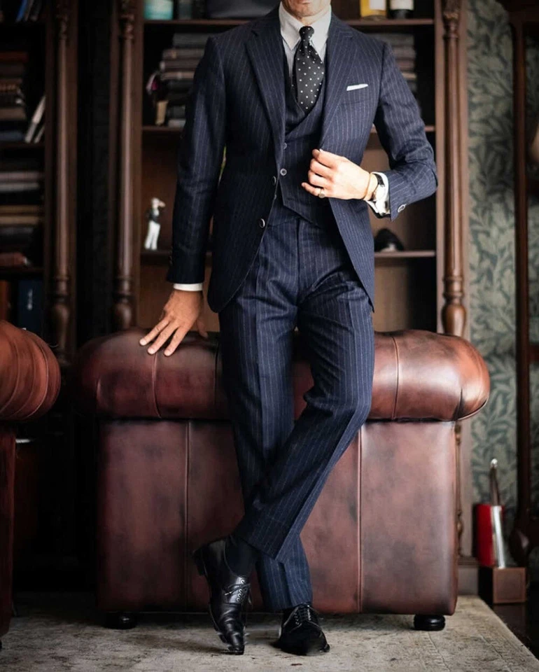 Men's Navy Striped Suits Slim Fit Costume Homme Peak Lapel Groom Wedding 3Pieces - Image 3 of 4