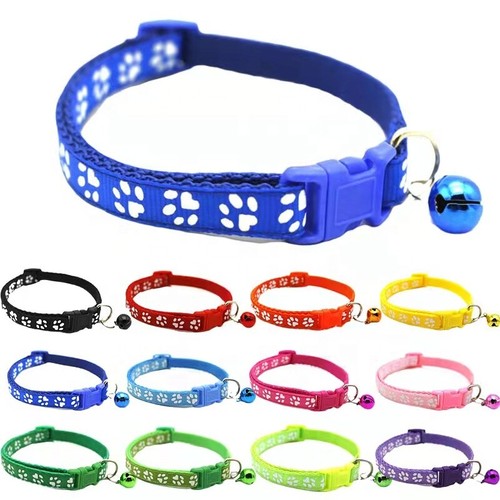 Paw Print correas de nylon ajustables Pet Cat Collar Collares de perro pequeños con campana - Imagen 1 de 5