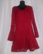 NICE WOMEN'S XTRAORDINARY RED LACE DRESS LONG BELL SLEEVES SZ S